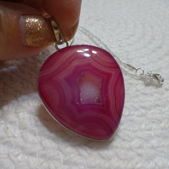 Beautiful PINK BOTSWANA DRUZY Handmade Sterling 925 Pendant/Chain #948C - Picture 1 of 3